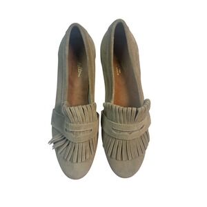Seychelles Women's Suede Fringe Loafer Flats Taupe Slip On Low Heel Perforated